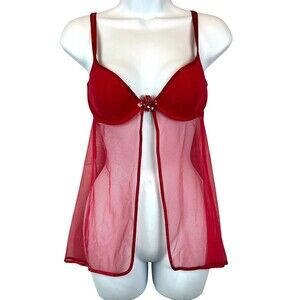 Victoria's Secret Push-Up Split Front Nightie Top  Size 34C  Red Sequin Detail